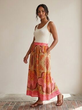 Calypso St Barth Floral Boho Tropical Elastic Waist Pull On Maxi Skirt Small NWT
